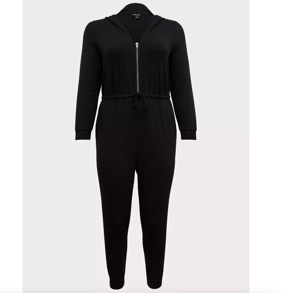 TORRID 1 Plus Size Black Terry Zip Front Hooded Jumpsuit Long Sleeve Cropped 1X - Picture 3 of 16